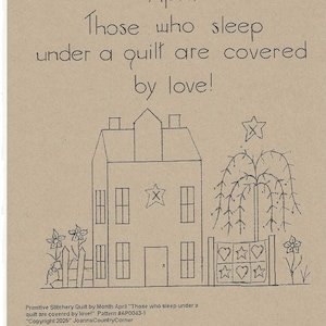 Może przedstawiać: Czarno-biały rysunek domu ze gwiazdą na froncie, wierzbą płaczącą i kołdrą z sercami i gwiazdami. Tekst "Kwiecień Ci, którzy śpią pod kołdrą, są okryci miłością!" jest napisany nad obrazkiem.