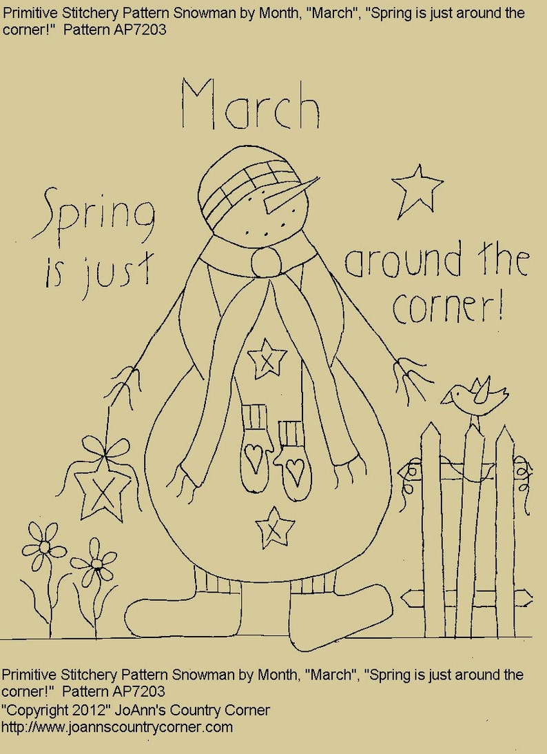 Primitive Stitchery E-Pattern Snowman by Month March, Spring is just around the corner image 1