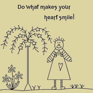 Puede incluir: Una ilustración caprichosa sobre un fondo beige presenta el texto "Do what makes your heart smile!" encima de un dibujo de un árbol con hojas en forma de estrella y una figura que lleva un vestido con un corazón. También se representan flores y hierba.