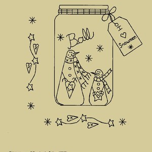 Primitive Stitchery Snowman Canning Jar with Primitive Tag E-Pattern, &quot;I love snowmen!&quot;