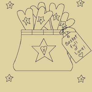 Könnte beinhalten: Eine Schwarzweiß-Zeichnung eines Korbs, der mit herzförmigen Ornamenten gefüllt ist. Der Korb hat ein Etikett mit der Aufschrift "Korb voller Liebe!" und einen Stern mit einem Herzen in der Mitte. Um den Korb herum befinden sich Sterne.