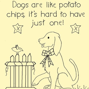 Puede incluir: Dibujo en blanco y negro de un perro sentado junto a una valla de madera. El perro lleva una pajarita. El texto "June Dogs are like potato chips, it's hard to have just one!" está escrito encima del perro.