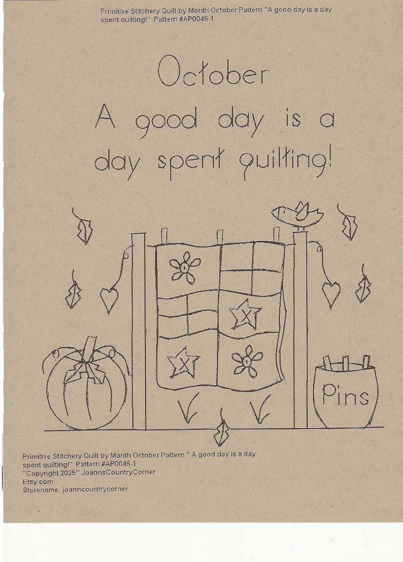 Primitive Stitchery Quilt by Month October E-pattern 