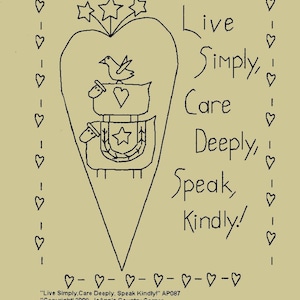 May include: A hand-drawn illustration on a beige background. The image features a large heart shape with a bird and two sheep inside. The text reads "Live Simply, Care Deeply, Speak Kindly!" with heart and star accents.