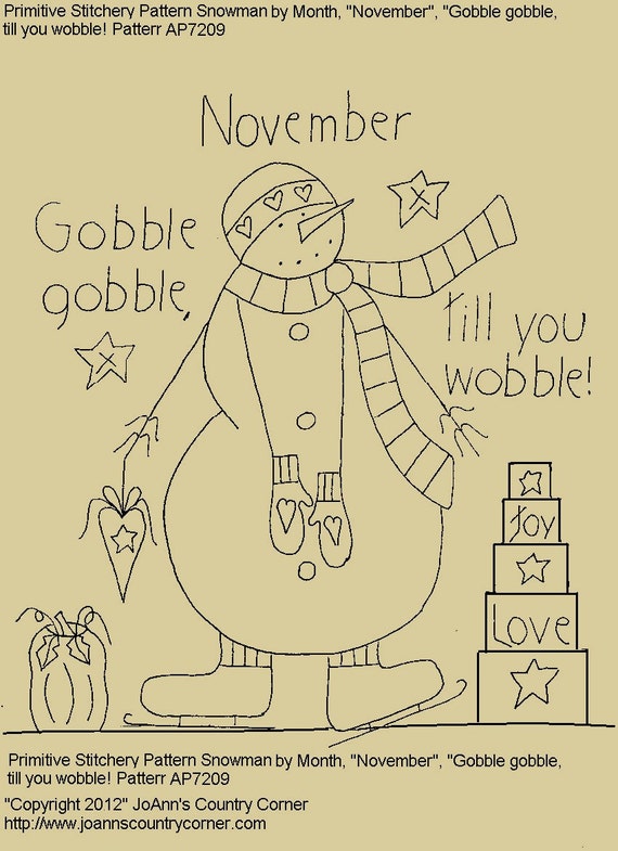 Autumn blessings!/" Primitive Stitchery Pattern Snowman October/" Autumn welcome