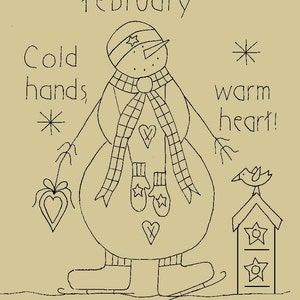 Könnte beinhalten: Schwarz-weiß-Linienzeichnung eines Schneemanns mit Schal und Fäustlingen. Der Schneemann steht auf Schlittschuhen und hält ein Herz. Der Text "February", "Cold hands, warm heart!" und "Pattern AP7202" ist im Bild enthalten.