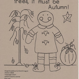 Primitive Stitchery E-Pattern Gingerbreadboys By Month August, &quot;Colorful leaves, bare trees, it must be Autumn!&quot;