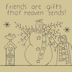 Può includere: Un disegno a tratto nero e bianco di una famiglia di pupazzi di neve con la scritta "Friends are gifts that heaven sends!". Il design include una casetta per uccelli e fiocchi di neve, perfetto per un progetto artigianale a tema invernale.