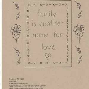 Primitive Stitchery Family E-Pattern Saying Square by Month October &quot;Family is another name for love.!&quot;