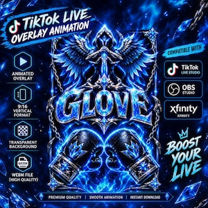 May include: A TikTok LIVE overlay animation featuring a central blue glowing graphic of a hooded figure with wings holding a sword above the word GLOVE and two black boxing gloves. The design includes text labels for compatibility with TikTok LIVE Studio, OBS Studio, and Xfinity, plus technical specifications like 9:16 vertical format and WEBM file.