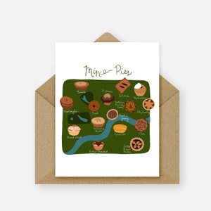 Puede incluir: Una ilustración verde y azul de un mapa de Londres con diferentes panaderías que venden tartas de carne picada. El mapa se titula "Mince Pies" e incluye los nombres de las panaderías.