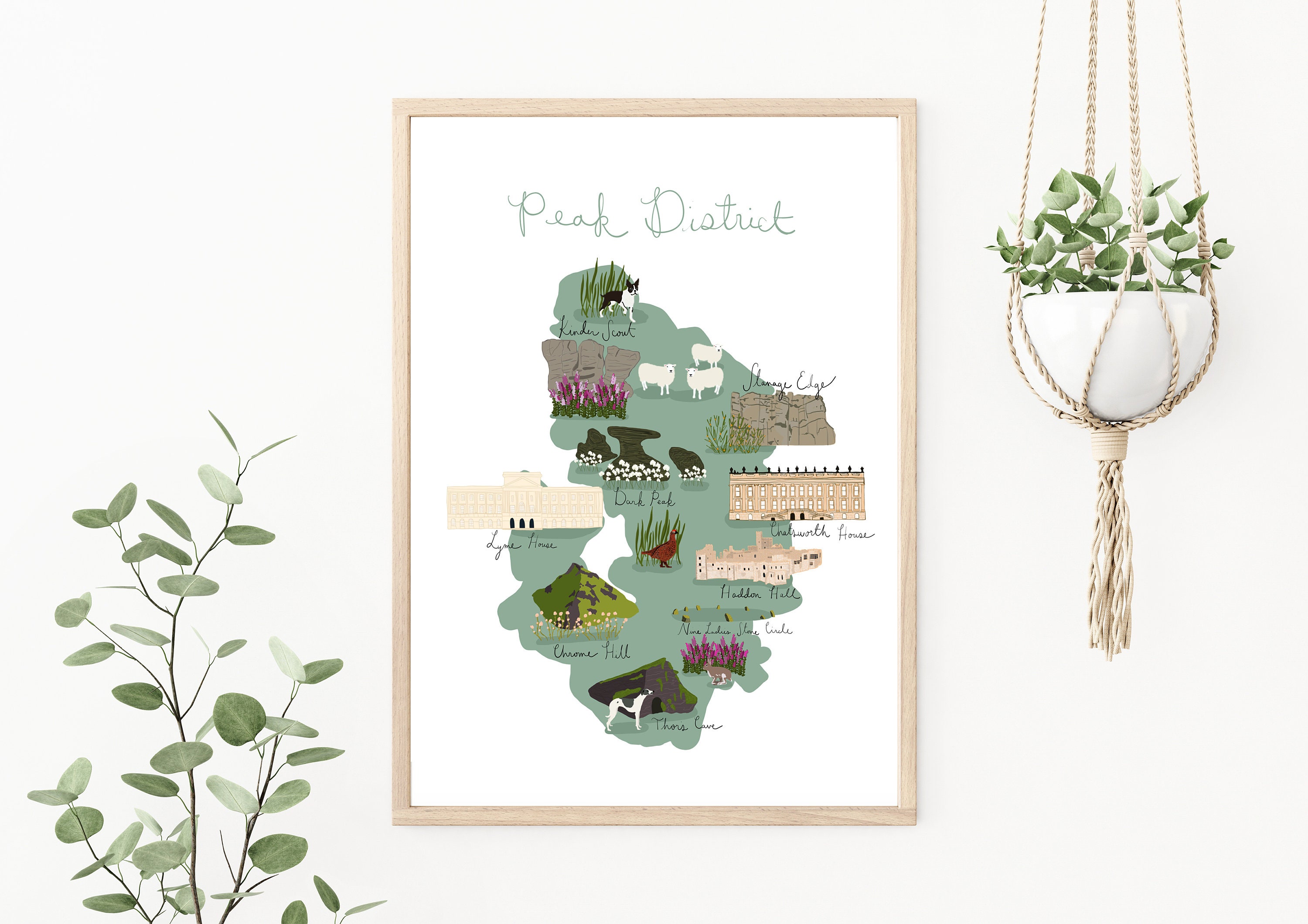 Peak District England Map Illustrated Art Print