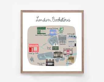 London Bookstores Map Illustrated Art Print