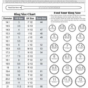 May include: A black and white printable ring size guide featuring a 10mm scale reference, a cut-out paper ring sizer tool, and a comprehensive conversion chart listing US, UK, and Euro sizes alongside a visual guide of circles for ring sizing.