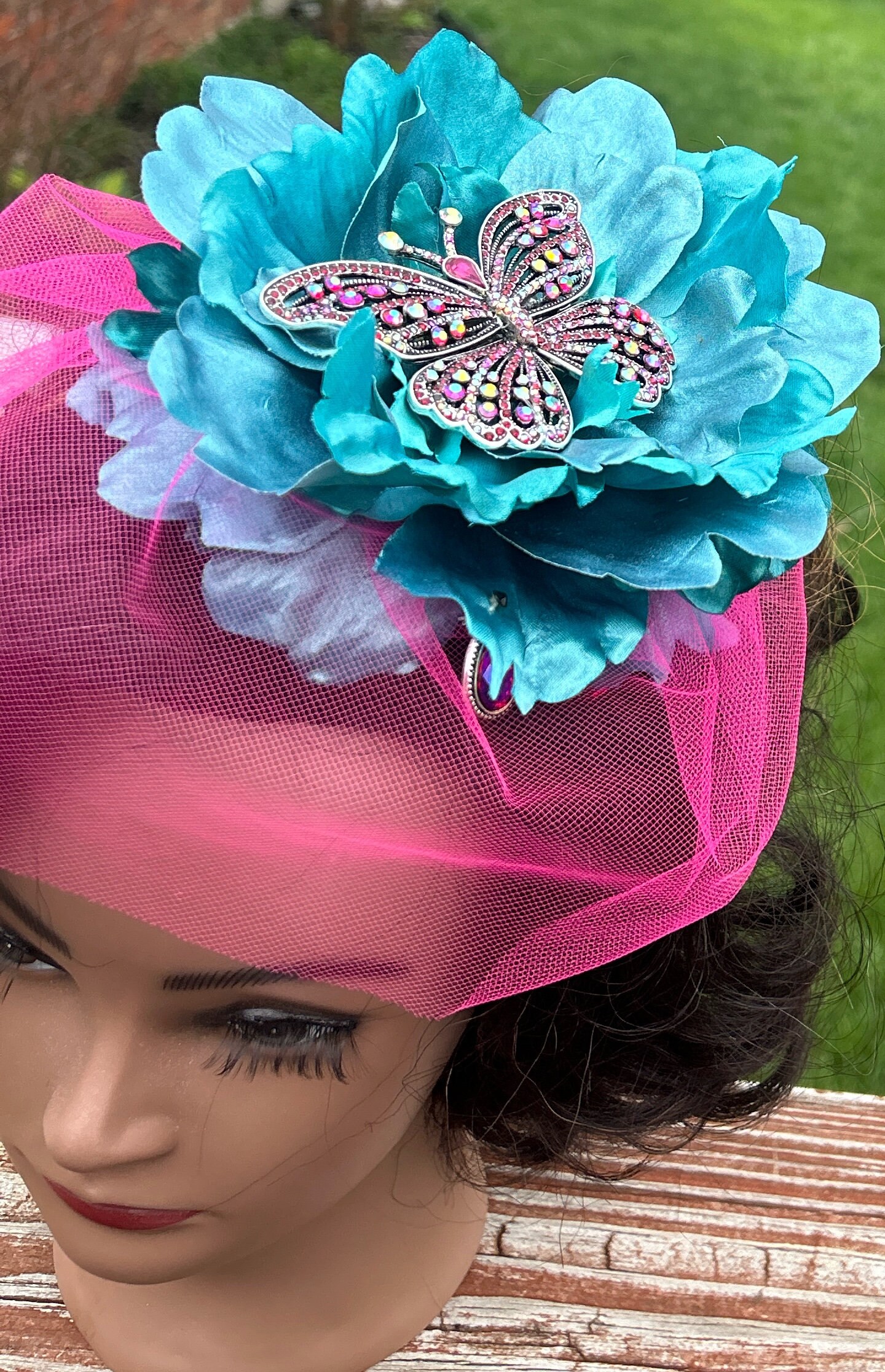 Floral Butterfly Derby Headband Fascinator with Blue and Teal Flowers Derby Teal Fascinator Headband main image 3