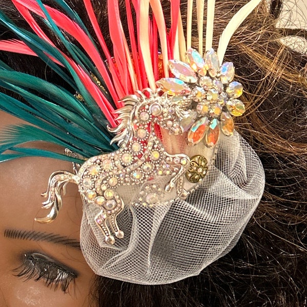 Unique Unicorn Derby Fascinator, with Rhinestones, Feathers and Tulle