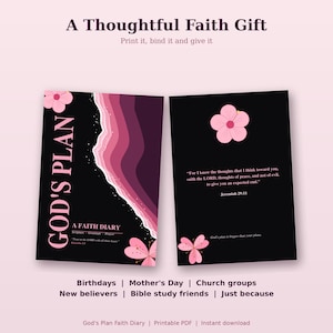 Op de afbeelding: Twee zwarte rechthoekige dagboekcovers met roze bloemillustraties. De linker cover bevat de tekst GOD'S PLAN, A FAITH DIARY, Scripture, Gratitude, Prayer en Proverbs 3:5. De rechter cover toont Jeremiah 29:11 en God's plan is bigger than your plans.