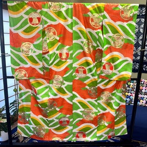 Vintage Japanese Silk Kofurisode, Green & Orange Wave Pattern with Treasure Ship Motifs, Festive Auspicious Kimono