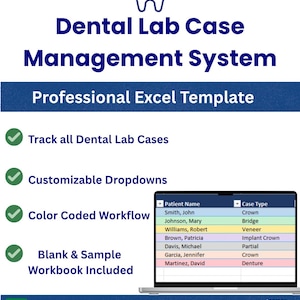 May include: A Dental Lab Case Management System professional Excel template featuring a blue tooth icon, text headers, and a list of features including case tracking, customizable dropdowns, colour-coded workflows, and a sample workbook display.