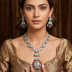 Collana girocollo con doppiette di rubini e acquamarine, set di gioielli da sposa indiani Kundan Polki, orecchini