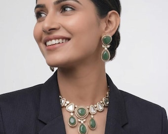 Kundan Emerald CZ Gold Polki Unieke Drop Choker Ketting Oorbellen Indiase Handgemaakte Bruidssieraden