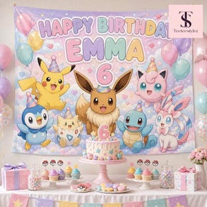 Personalisierte Pokémon-Geburtstagsbanner, Pikachu-Partyhintergrund, individueller Name und Alter, Geburtstagsdekoration für Sohn/Tochter, Geschenk für Mädchen