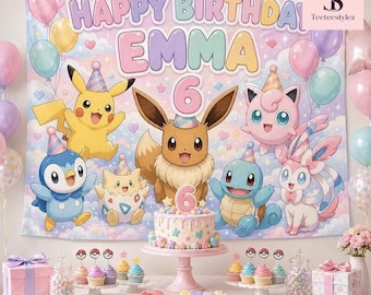 Pancarta de cumpleaños de Pokémon personalizada, fondo para fiesta de Pikachu, nombre y edad personalizados, decoración de cumpleaños para hijo/a, regalo para niña.