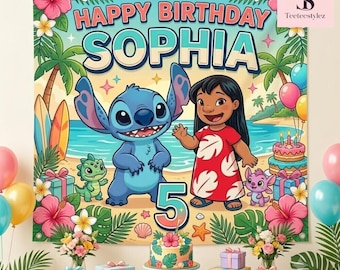 Personalized Lilo & Stitch Backdrop, Stitch Birthday Banner, Custom Girl 5Th Birthday Decor, Tropical Beach Poster, Aloha Party Supplies