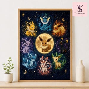 Puede incluir: Una lámina decorativa rectangular que muestra un Eevee marrón central rodeado por ocho evoluciones coloridas dispuestas en un patrón circular sobre un fondo de cielo nocturno estrellado con una gran luna brillante en el centro.