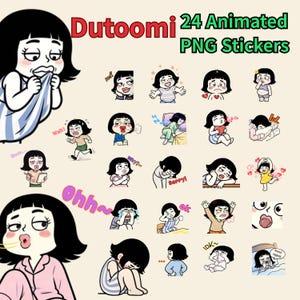 Op de afbeelding: Een verzameling van 24 geanimeerde PNG-stickers genaamd Dutoomi, met een stripfiguur met zwart haar in verschillende houdingen en uitdrukkingen, waaronder huilen, slapen, eten en zwaaien, met tekstballonnen zoals Wait, Ohh en Good night.