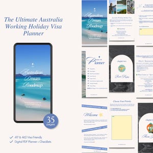Könnte beinhalten: Ein digitaler Planer mit dem Titel The Ultimate Australia Working Holiday Visa Planner, der ein Smartphone-Display mit dem Text Australian Dream Roadmap, 35 Seiten, 417 & 462 Visum-Kompatibilität sowie verschiedene Seitenlayouts zeigt.