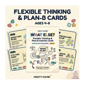 Könnte beinhalten: Ein Set von Flexible Thinking & Plan-B Aktivitätskarten für 4- bis 8-Jährige, bestehend aus einer zentralen Karte mit dem Titel What Else? und vier Szenariokarten mit Texten, bunten Puzzleteil-Grafiken und illustrierten Pfaden.