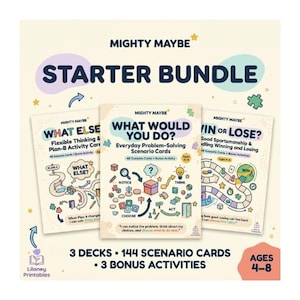 Może przedstawiać: Zestaw Mighty Maybe Starter Bundle zawierający trzy talie kart scenariuszy zatytułowane What Else, What Would You Do oraz Win or Lose. Zestaw zawiera 144 karty i 3 dodatkowe aktywności dla dzieci w wieku 4-8 lat, z kolorowymi ilustracjami.