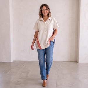 Effortless Ivory Oversized Cotton Shirt, Boho Patchwork Button Down Tunic, Casual vintage style Shirt, Unique gift for mother