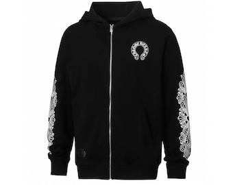 Sudadera con capucha y cremallera de manga con estampado floral y herradura negra de Chrome Hearts