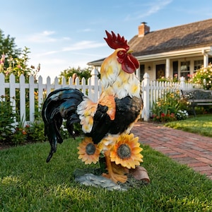Resin Rooster Ornament, French Country Farmhouse Decor, Vintage Style Chicken Statue, Sunflower Accent