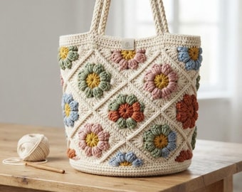 Crochet Flower Tote Bag Pattern, Boho Granny Square Market Bag Tutorial (PDF)