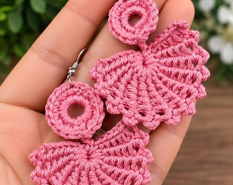 Handmade Pink Crochet Fan Earrings | Cotton Yarn Boho Drop Earrings
