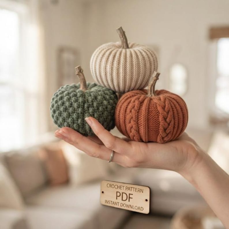 May include: Three small crocheted pumpkins in cream, sage green, and burnt orange, each featuring a textured knit pattern and a brown stem. A rectangular wooden sign below displays the text CROCHET PATTERN PDF INSTANT DOWNLOAD.