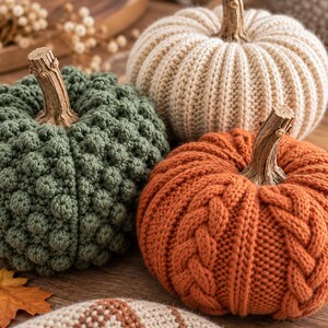 May include: Three decorative pumpkins crafted from yarn. One is sage green with a textured bobble stitch pattern, one is cream with vertical ribbed knitting, and one is burnt orange featuring a prominent cable knit design, each with a wooden stem.
