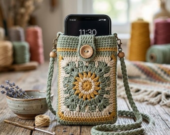 Crochet Phone Bag, Granny Square Pouch, Boho Sage Green Shoulder Purse
