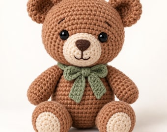 Teddy Bear Crochet Pattern Amigurumi, Amigurumi Teddy Bear with Bow, Low Sew amigurumi, Crochet Bear Toy, Digital PDF Download
