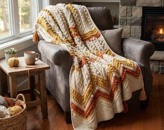 Crochet Throw Blanket Pattern, Textured Chevron Afghan PDF