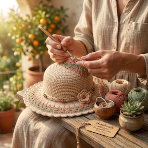 Crochet Sun Handmade Cotton Beach Summer Bucket Wide Brim  Packable Vintage Knit Earth Tone Fedora