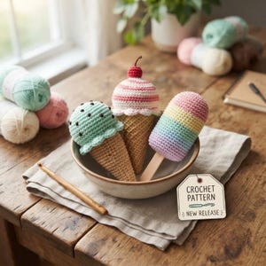 May include: Three crocheted ice cream treats in a bowl: a mint green scoop with brown chips, a pink and white striped scoop with a red cherry, and a pastel rainbow popsicle. A wooden crochet hook and a tag reading CROCHET PATTERN NEW RELEASE.