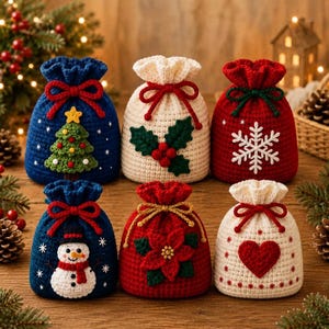 May include: Six small, crocheted drawstring gift bags featuring holiday designs. The bags include a blue tree, white holly, red snowflake, blue snowman, red poinsettia, and white heart. Each bag is tied with a yarn bow at the top opening.