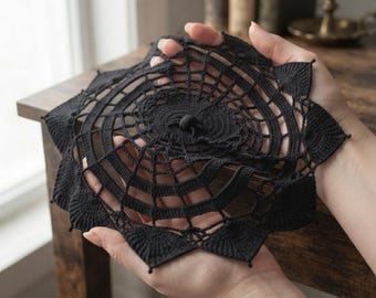 Handmade Black Crochet Spider Web Doily