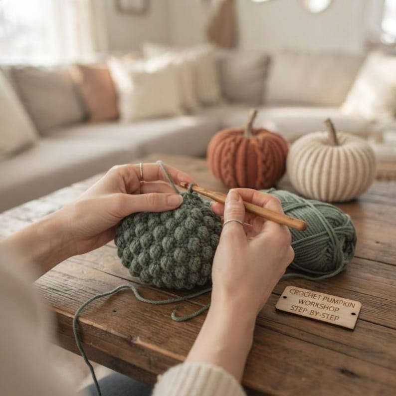 May include: A sage green crocheted pumpkin in progress, a wooden crochet hook, a ball of sage green yarn, a finished rust-colored cable-knit pumpkin, a finished cream-colored ribbed pumpkin, and a wooden tag labeled CROCHET PUMPKIN WORKSHOP STEP-BY-STEP.