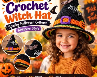 Handmade Crochet Witch Hat, Spooky Halloween Costume Accessory, Amigurumi Style