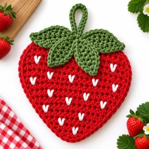 May include: A strawberry-shaped crochet potholder in bright red yarn with white V-shaped embroidered stitches representing seeds. The top features dark green crocheted leaves and a small loop for hanging, creating a textured fruit design.
